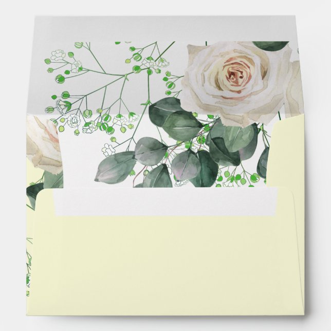 White Roses Sage Eucalyptus Lemon Yellow WEDDING Envelope (Back (Bottom))
