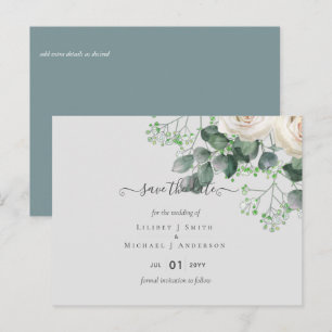 White Roses Sage Eucalyptus Wedding Save Dates Postcard