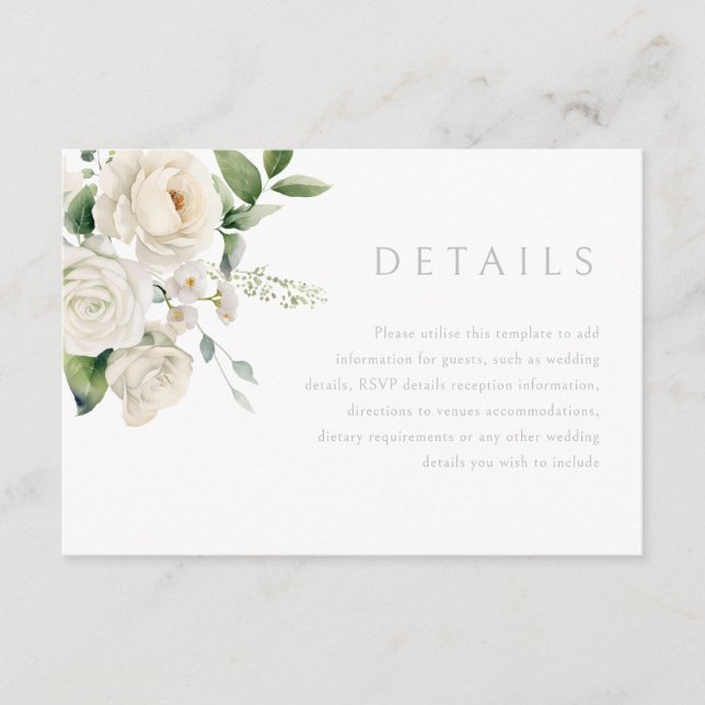 White Roses & Sage Leaf Wedding Details Enclosure Card (Front)