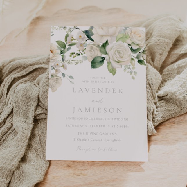 White Roses & Sage Leaf Wedding  Invitation (Creator Uploaded)