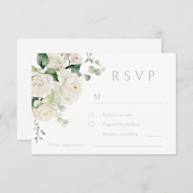 White Roses & Sage Leaf Wedding RSVP Card (Front/Back)