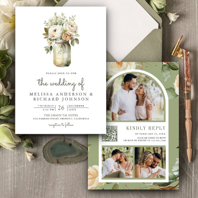 White Roses Sage Leaves Mason Jar QR Code Wedding  Invitation (Creator Uploaded)
