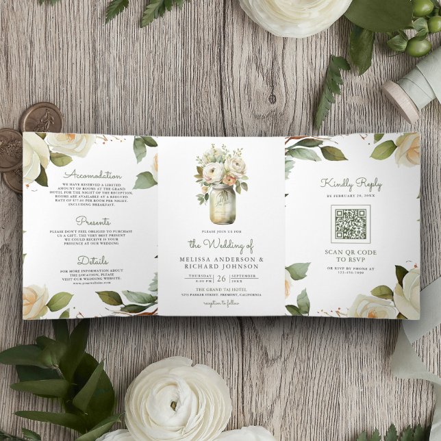 White Roses Sage Leaves Mason Jar QR Code Wedding Tri-Fold Invitation (Creator Uploaded)