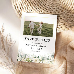 White Roses Save The Date with Photo Flat Card