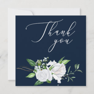 White Roses Script Thank You Navy Blue Card