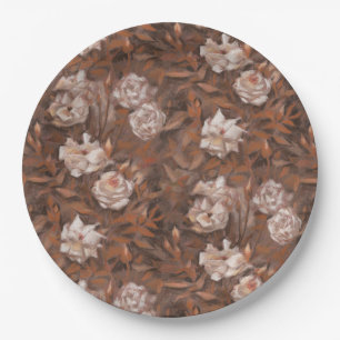 White Roses, Sepia, Vintage Retro Floral Pattern Paper Plate