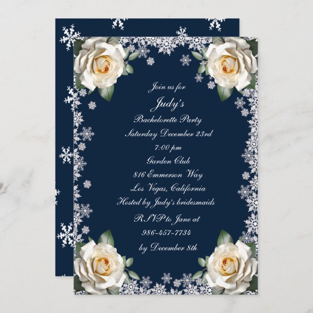 White Roses Snowflake Christmas Bachelorette Party Invitation (Front/Back)