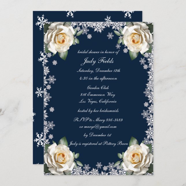 White Roses Snowflake Christmas Bridal Shower Invitation (Front/Back)