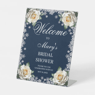 White Roses Snowflake Christmas Bridal Shower  Pedestal Sign