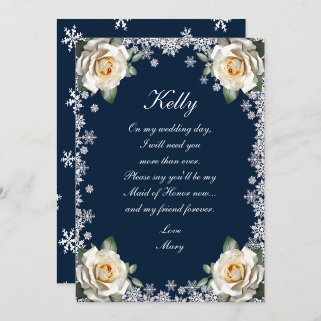 White Roses Snowflake Christmas Maid Of Honour Invitation (Front/Back)