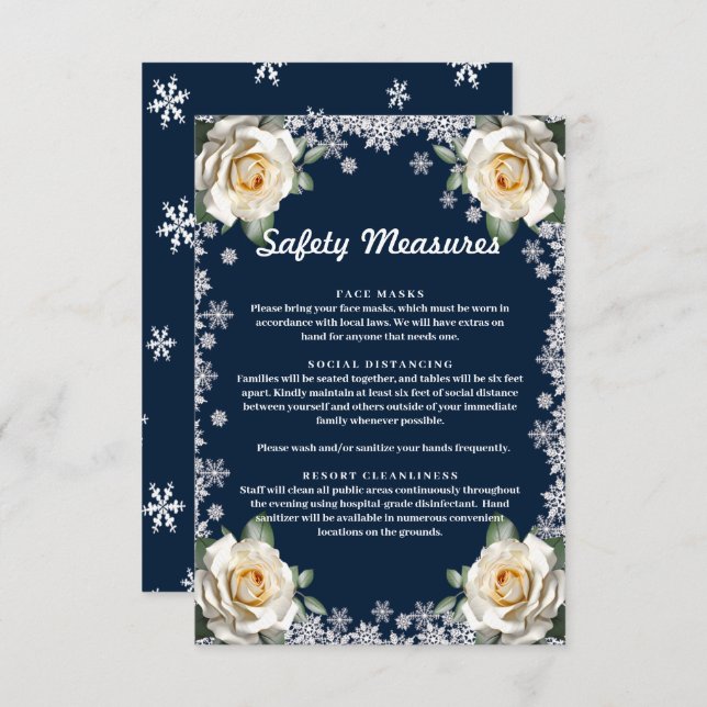 White Roses Snowflake Christmas Safety Measures Enclosure Card (Front/Back)