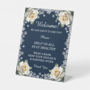 White Roses Snowflake Christmas Safety Measures Pedestal Sign