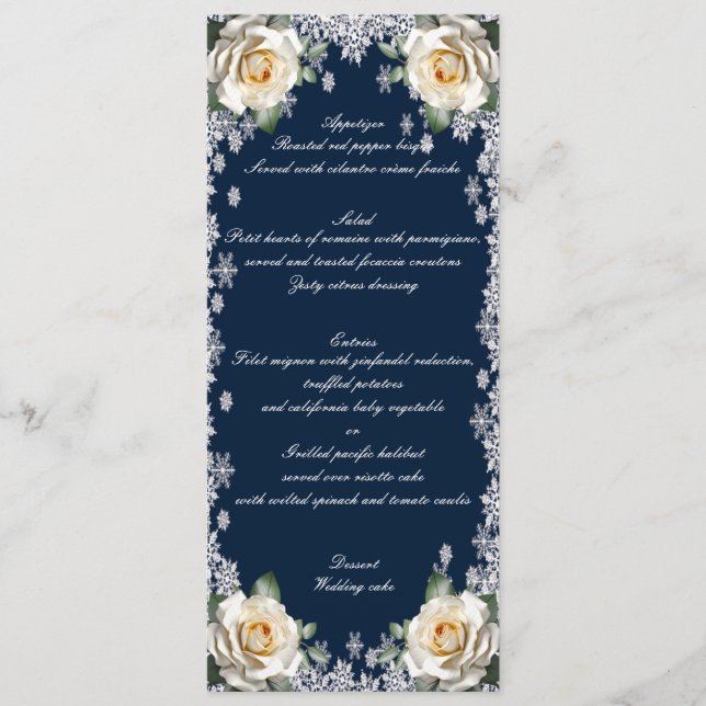 White Roses Snowflake Christmas Wedding Menu (Front)