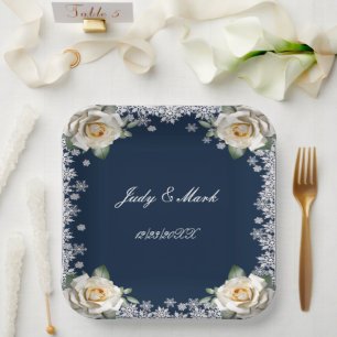 White Roses Snowflake Christmas Wedding Paper Plate