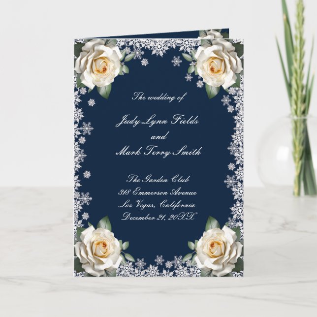 White Roses Snowflake Christmas Wedding Program Programme (Front)