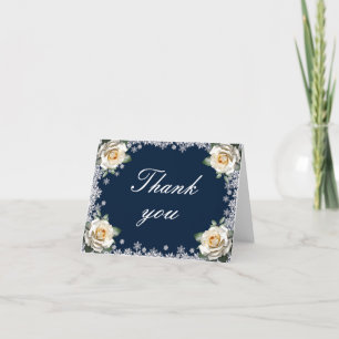 White Roses Snowflake Christmas Wedding Thank You Card