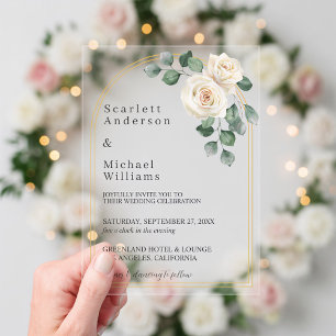 White roses Spring Floral Romantic Wedding Acrylic Invitations