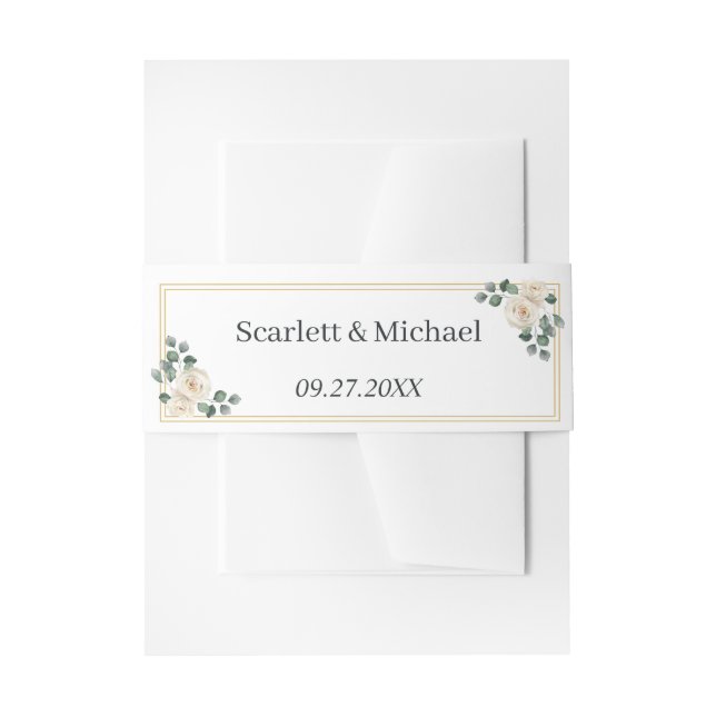 White roses Spring Floral Romantic Wedding Invitation Belly Band (Front Example)