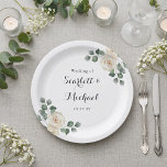 White roses Spring Floral Romantic Wedding Paper Plate<br><div class="desc">Bring refined botanical elegance to your reception tables with this beautifully designed wedding plate inspired by a watercolor white roses garden wedding. Soft white rose florals and delicate greenery are thoughtfully arranged along the edges, creating a balanced botanical detail that frames the center of the plate. The gentle floral artwork...</div>