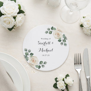 White roses Spring Floral Romantic Wedding Round Paper Coaster