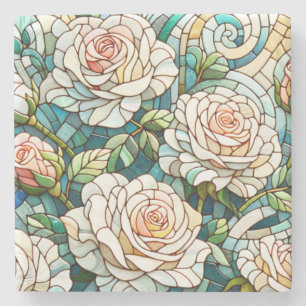 White Roses Stained Glass Mosaic Stone Coaster