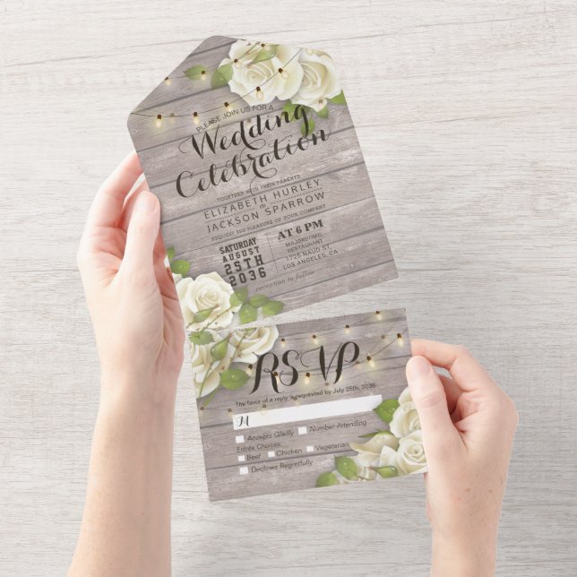 White Roses String Lights Rustic Wood Wedding RSVP All In One Invitation (Tearaway)