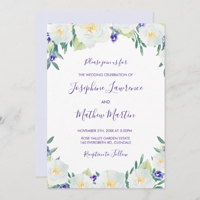 White Roses & Violets Floral Wedding Invitations (Front/Back)