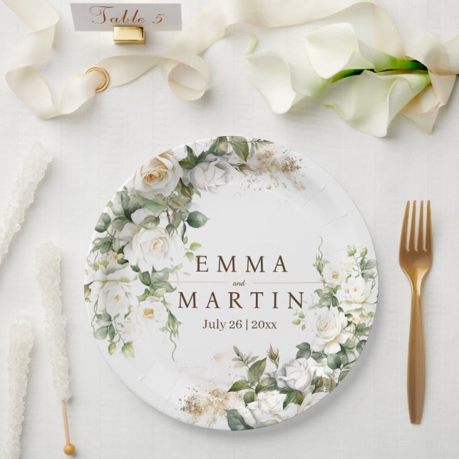White Roses Wedding Flowers Paper Plate (Wedding)