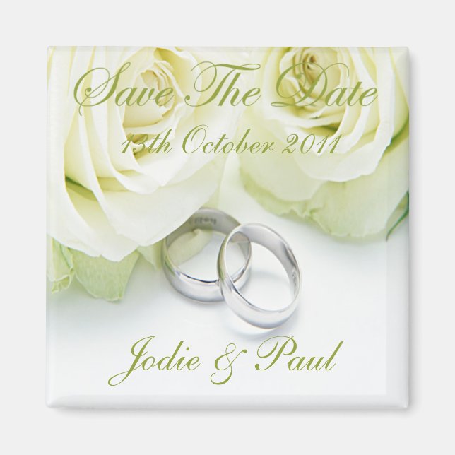 White Roses & Wedding Rings - Save The Date Magnet (Front)