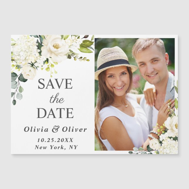 White Roses Wedding Save the Date Magnetic Card (Front)