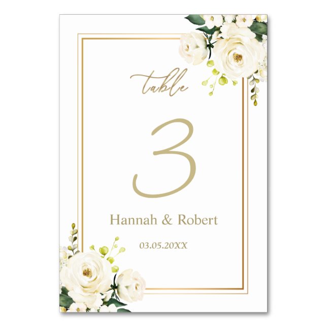 White Roses Wedding Table Number Card (Front)