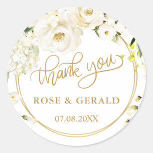 White Roses Wedding Thank You Classic Round Sticke Classic Round Sticker