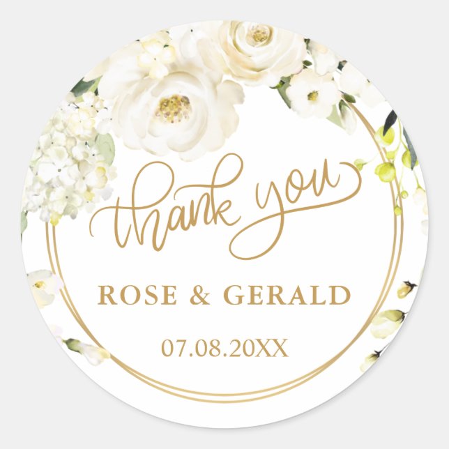 White Roses Wedding Thank You Classic Round Sticke Sticker (Front)