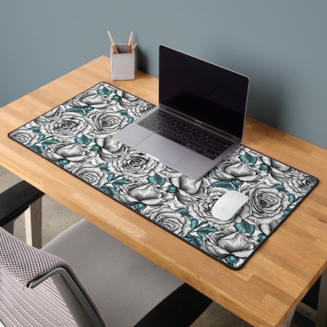 White roses with blue leaves desk mat (Office 2)