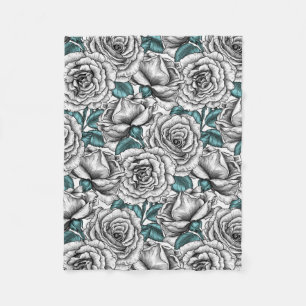 White roses with blue leaves fleece blanket