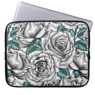 White roses with blue leaves laptop sleeve