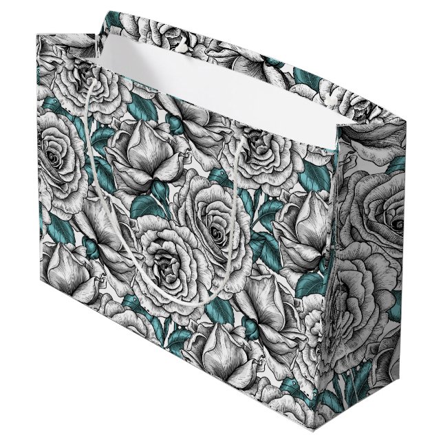 White roses with blue leaves large gift bag (Back Angled)