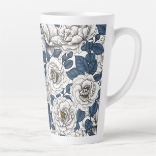 White roses with blue leaves latte mug