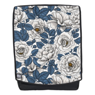 White roses with blue leaves on white backpack