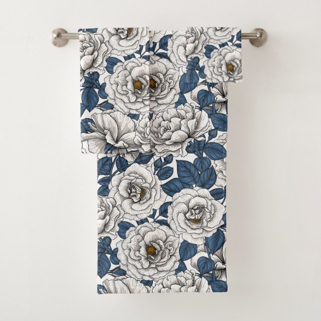 White roses with blue leaves on white bath towel set (Insitu)
