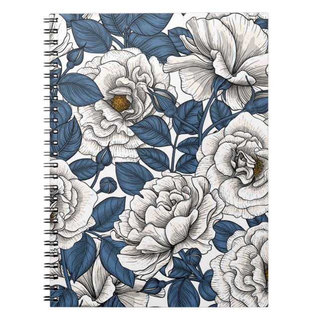 White roses with blue leaves on white notebook (Front)