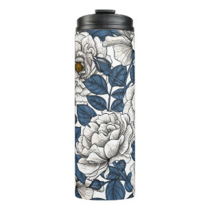White roses with blue leaves on white thermal tumbler