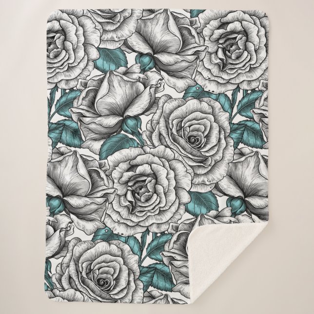 White roses with blue leaves sherpa blanket (Front)