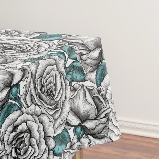 White roses with blue leaves tablecloth (In Situ)