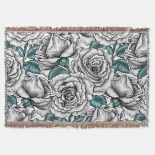 White roses with blue leaves throw blanket