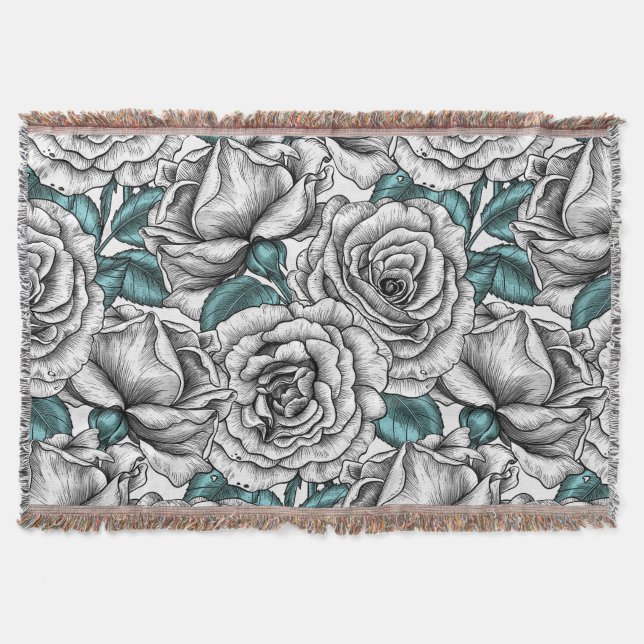 White roses with blue leaves throw blanket (Front)