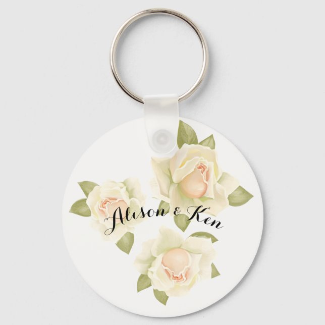 White roses With custom personalise name Key Ring (Front)