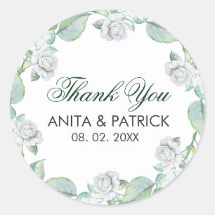 White Roses With Green Leafs Classic Round Sticker