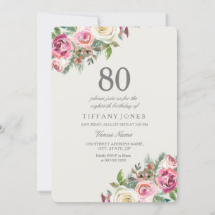 White Roses Womans 80th Birthday Party Invite
