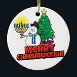 White Round Merry Chrismukkah with Snowman Ceramic Tree Decoration<br><div class="desc">Add these fun interfaith (Hanukkah and Christmas) ornaments to your Chrismukkah celebrations this year. If you celebrate the holidays together, these are a nice touch. This is our design and you won't find it anywhere other than in our store. Chrismukkah is celebrated by people usually in families with both Jewish...</div>